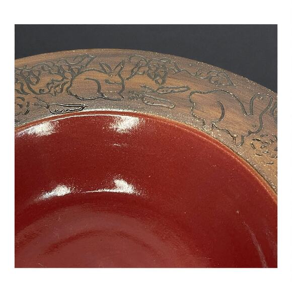 VTG Studio Art Pottery Rabbit Bowl 12” Oxblood Turquoise Hand Painted Signed CS - Picture 2 of 8